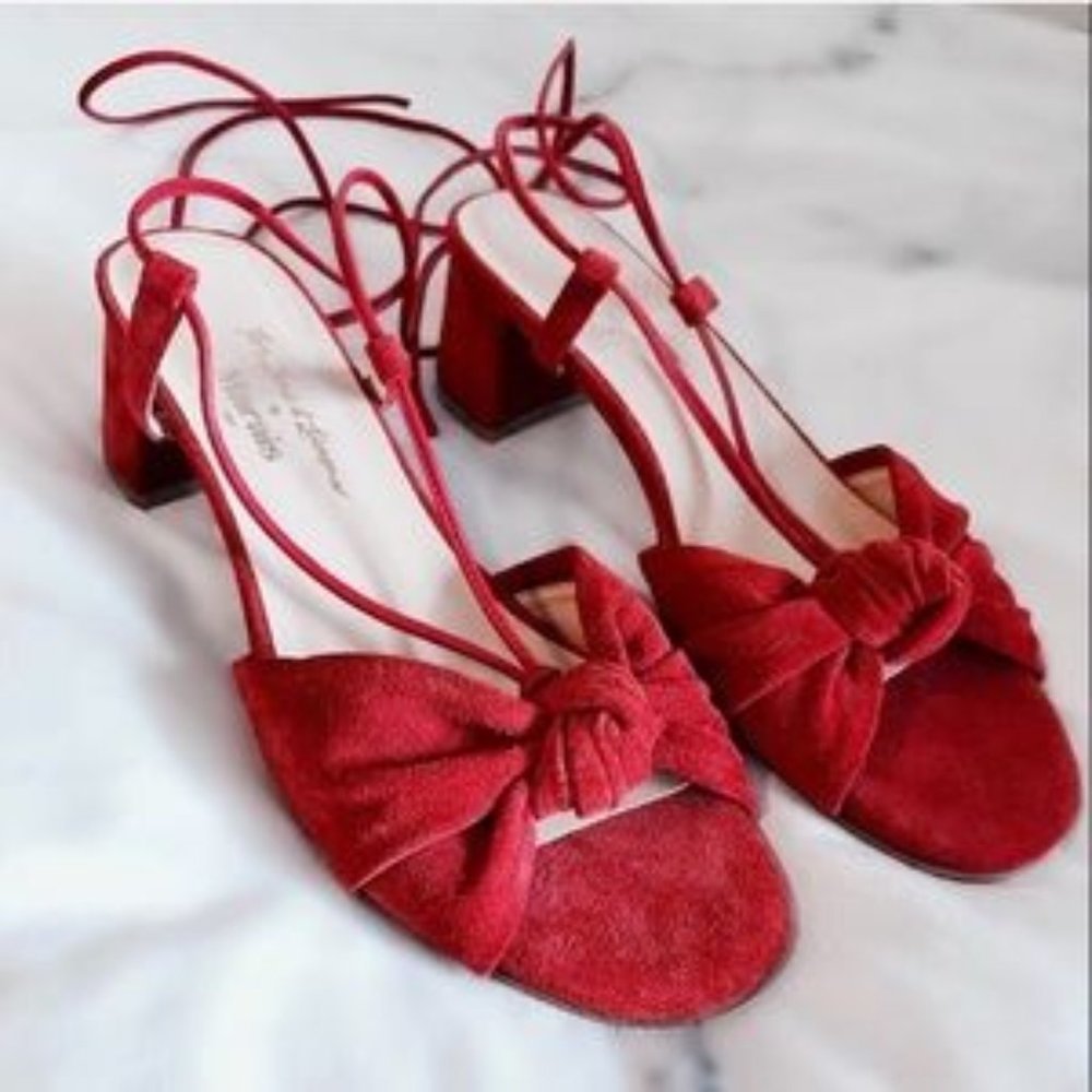For Love & Lemons x Marais "Knotty" Suede Heeled Sandals in Cherry